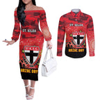 Custom St Kilda Football ANZAC Couples Matching Off The Shoulder Long Sleeve Dress and Long Sleeve Button Shirt Gallipoli Camouflage With Poppies