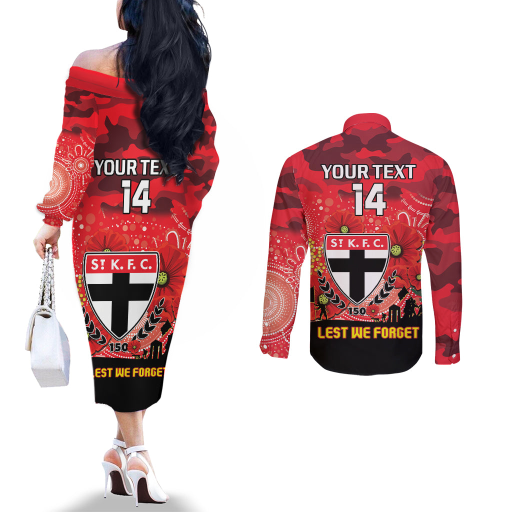 Custom St Kilda Football ANZAC Couples Matching Off The Shoulder Long Sleeve Dress and Long Sleeve Button Shirt Gallipoli Camouflage With Poppies