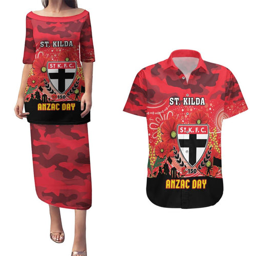 Custom St Kilda Football ANZAC Couples Matching Puletasi and Hawaiian Shirt Gallipoli Camouflage With Poppies