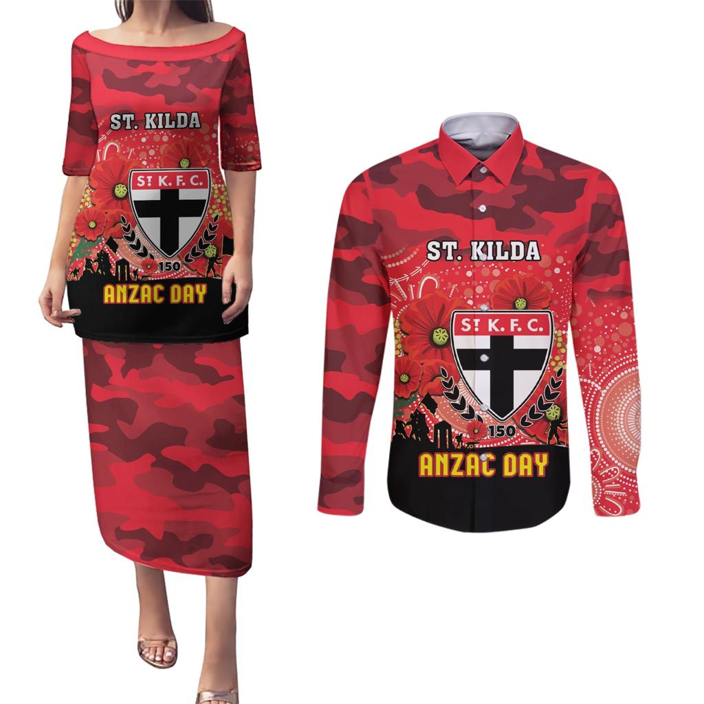 Custom St Kilda Football ANZAC Couples Matching Puletasi and Long Sleeve Button Shirt Gallipoli Camouflage With Poppies