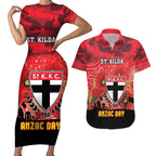 Custom St Kilda Football ANZAC Couples Matching Short Sleeve Bodycon Dress and Hawaiian Shirt Gallipoli Camouflage With Poppies