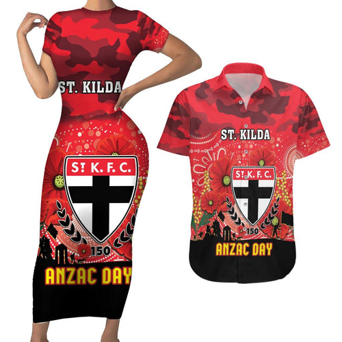 Custom St Kilda Football ANZAC Couples Matching Short Sleeve Bodycon Dress and Hawaiian Shirt Gallipoli Camouflage With Poppies