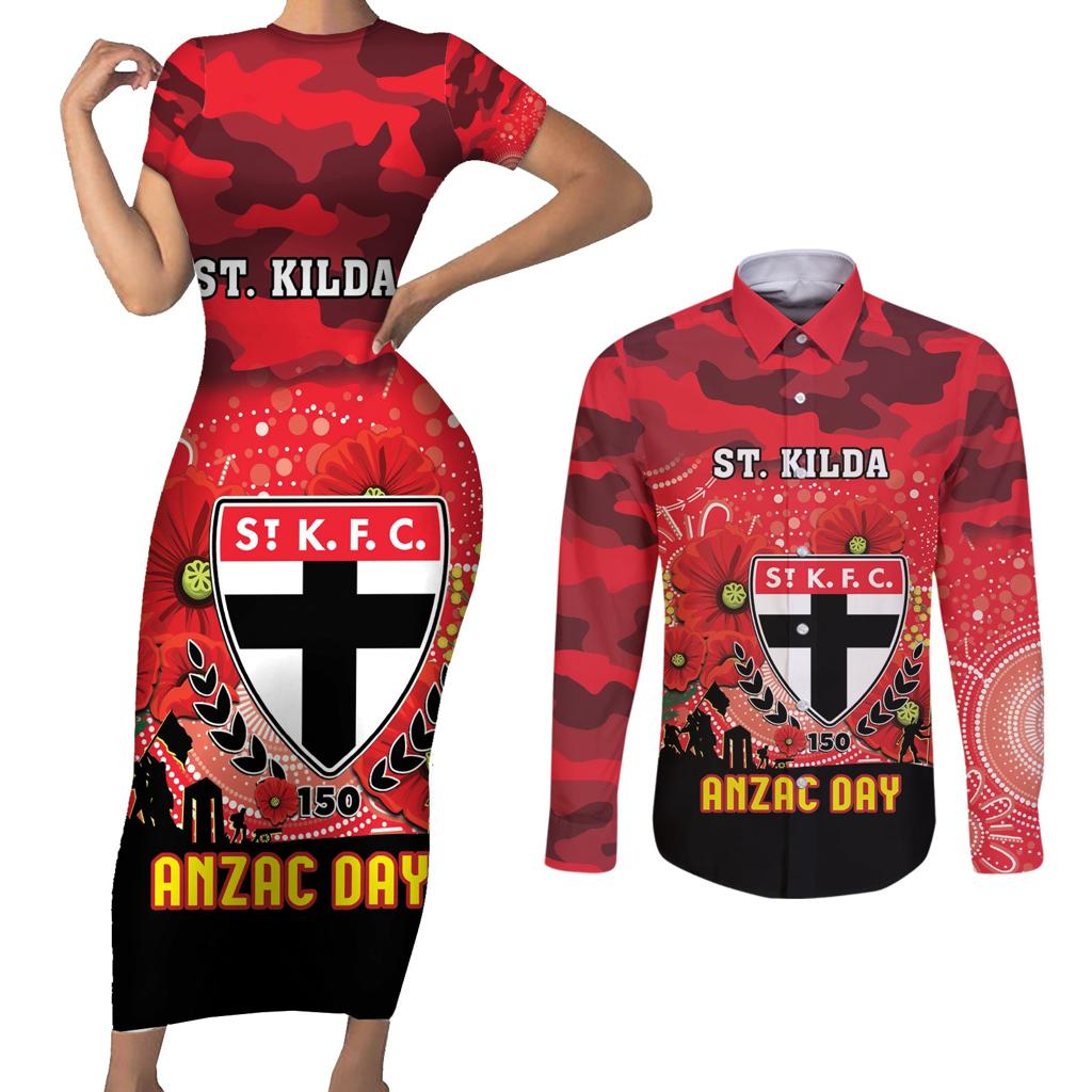 Custom St Kilda Football ANZAC Couples Matching Short Sleeve Bodycon Dress and Long Sleeve Button Shirt Gallipoli Camouflage With Poppies