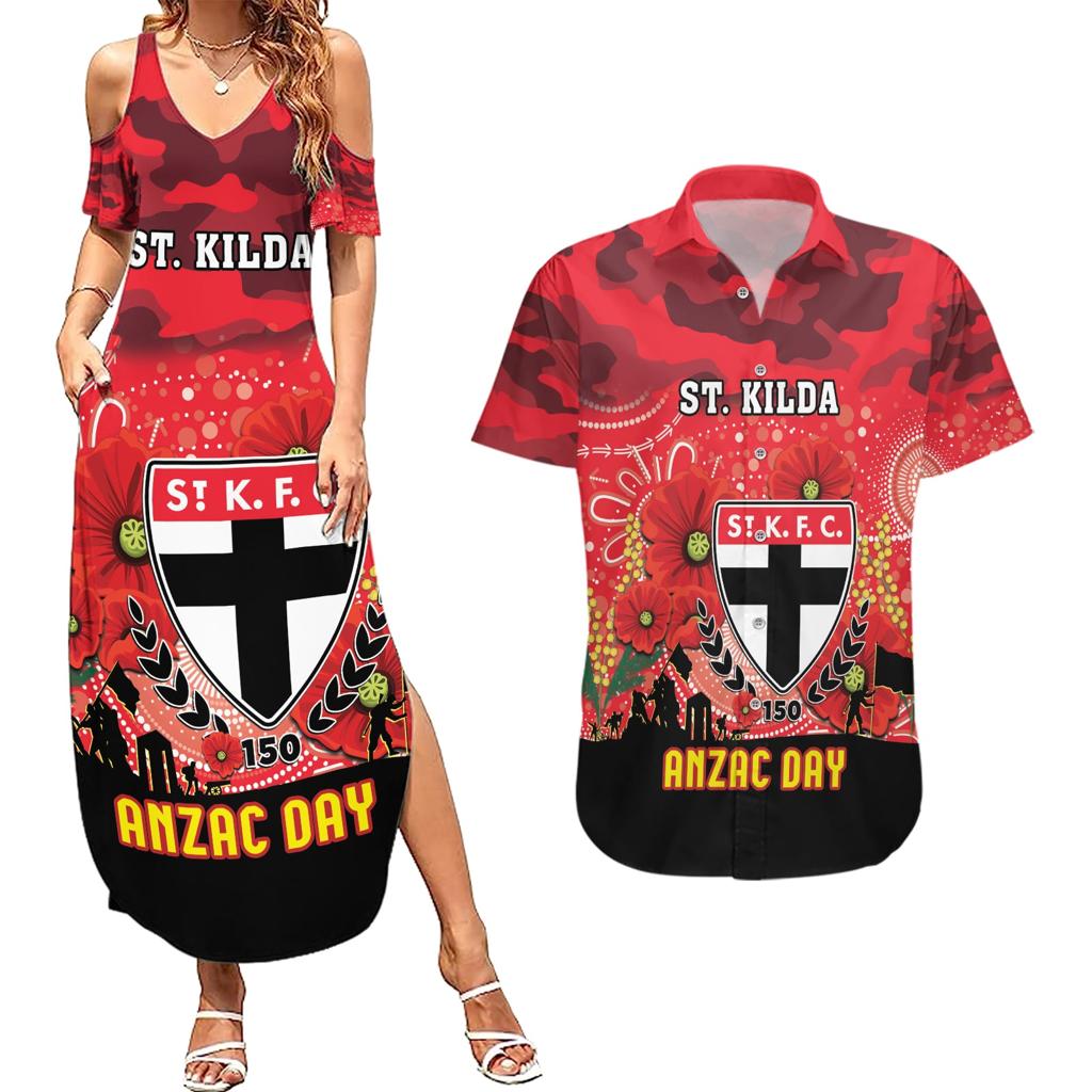 Custom St Kilda Football ANZAC Couples Matching Summer Maxi Dress and Hawaiian Shirt Gallipoli Camouflage With Poppies