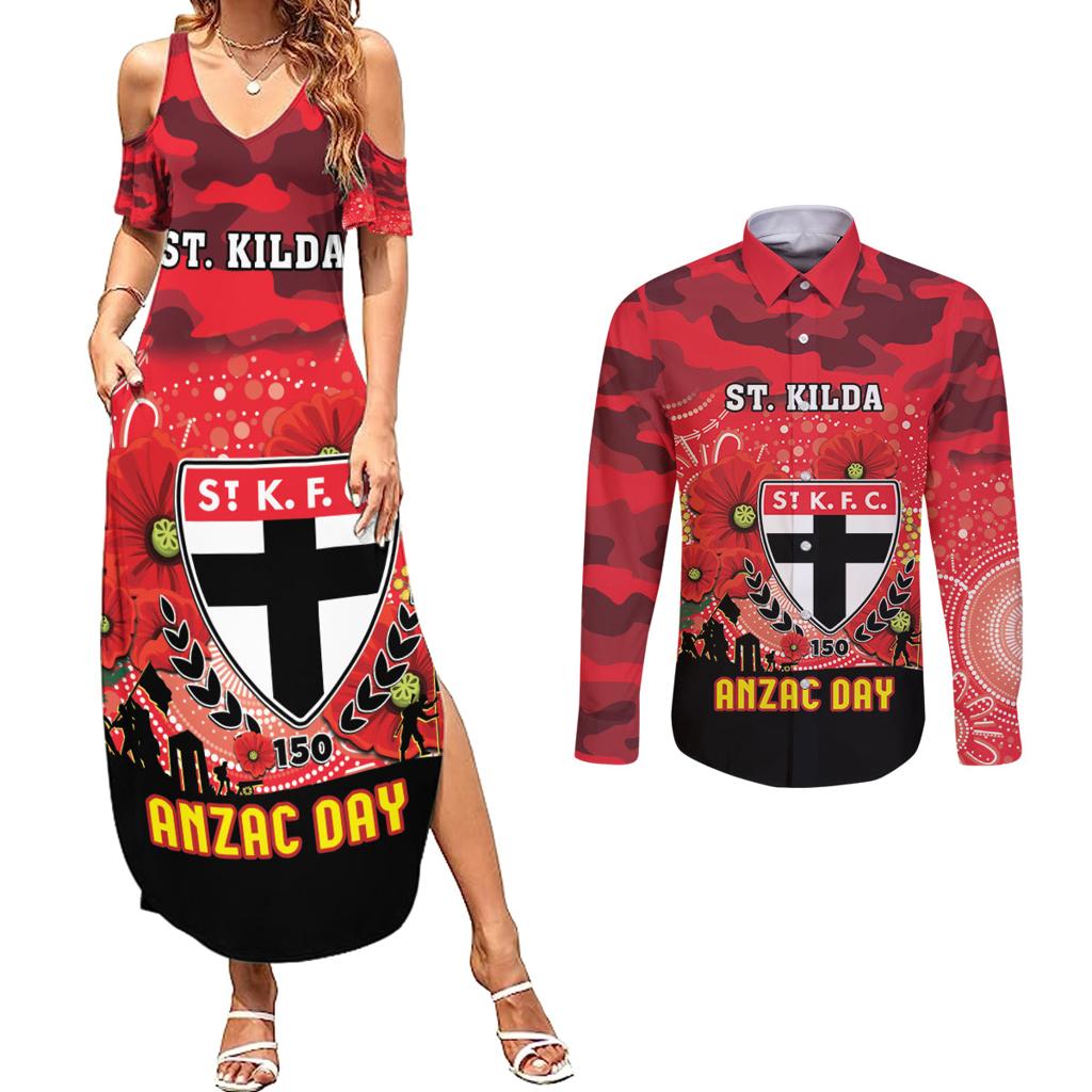 Custom St Kilda Football ANZAC Couples Matching Summer Maxi Dress and Long Sleeve Button Shirt Gallipoli Camouflage With Poppies