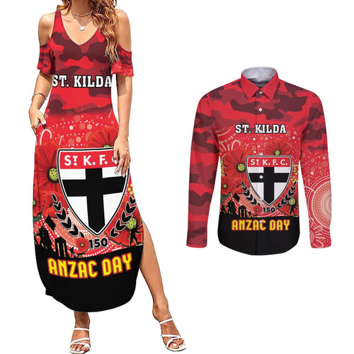 Custom St Kilda Football ANZAC Couples Matching Summer Maxi Dress and Long Sleeve Button Shirt Gallipoli Camouflage With Poppies