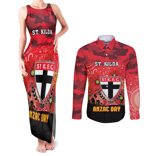 Custom St Kilda Football ANZAC Couples Matching Tank Maxi Dress and Long Sleeve Button Shirt Gallipoli Camouflage With Poppies