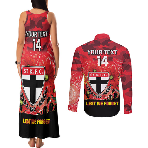 Custom St Kilda Football ANZAC Couples Matching Tank Maxi Dress and Long Sleeve Button Shirt Gallipoli Camouflage With Poppies