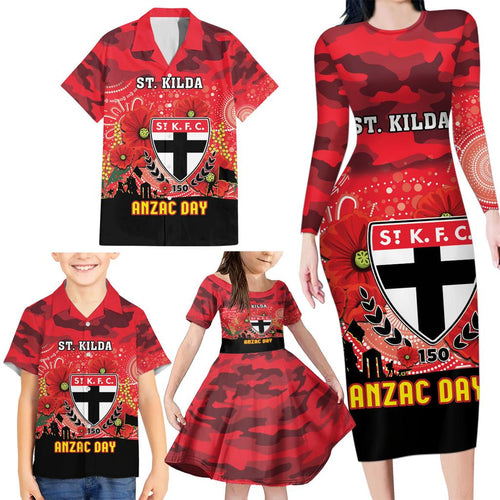 Custom St Kilda Football ANZAC Family Matching Long Sleeve Bodycon Dress and Hawaiian Shirt Gallipoli Camouflage With Poppies
