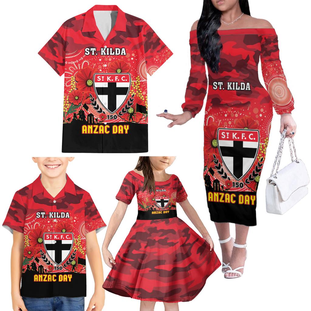 Custom St Kilda Football ANZAC Family Matching Off Shoulder Long Sleeve Dress and Hawaiian Shirt Gallipoli Camouflage With Poppies