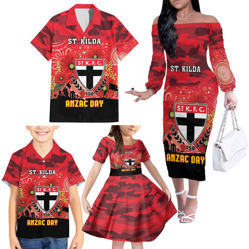 Custom St Kilda Football ANZAC Family Matching Off Shoulder Long Sleeve Dress and Hawaiian Shirt Gallipoli Camouflage With Poppies
