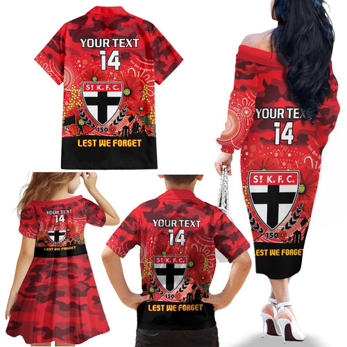 Custom St Kilda Football ANZAC Family Matching Off Shoulder Long Sleeve Dress and Hawaiian Shirt Gallipoli Camouflage With Poppies
