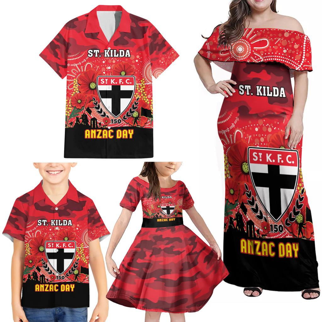 Custom St Kilda Football ANZAC Family Matching Off Shoulder Maxi Dress and Hawaiian Shirt Gallipoli Camouflage With Poppies