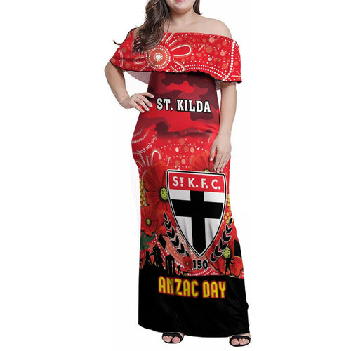 Custom St Kilda Football ANZAC Family Matching Off Shoulder Maxi Dress and Hawaiian Shirt Gallipoli Camouflage With Poppies