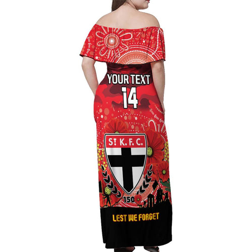 Custom St Kilda Football ANZAC Family Matching Off Shoulder Maxi Dress and Hawaiian Shirt Gallipoli Camouflage With Poppies