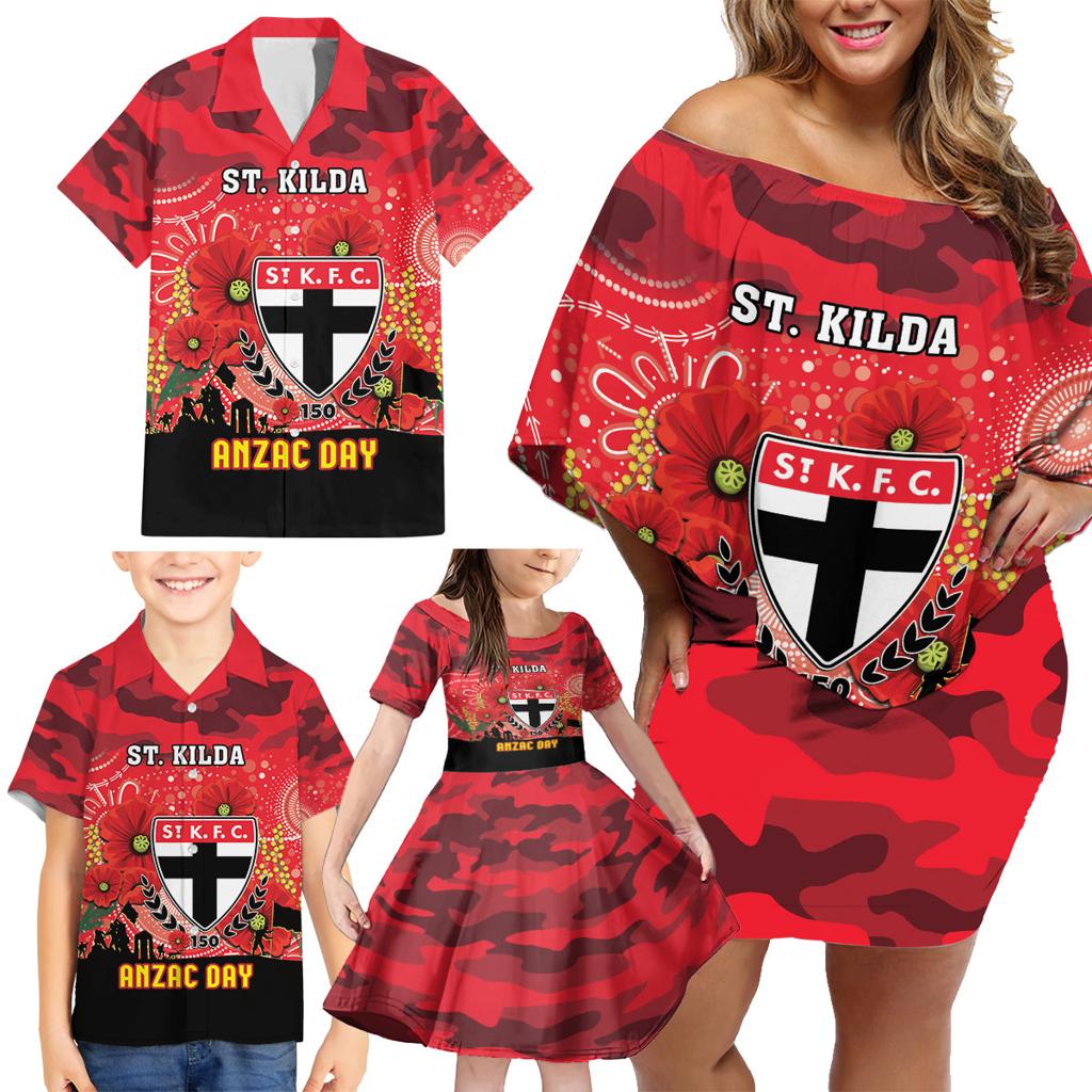Custom St Kilda Football ANZAC Family Matching Off Shoulder Short Dress and Hawaiian Shirt Gallipoli Camouflage With Poppies
