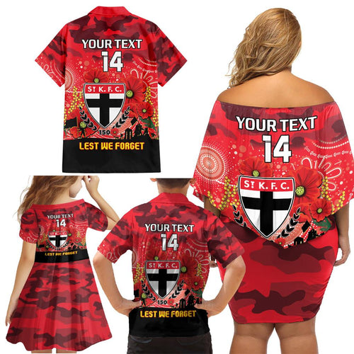 Custom St Kilda Football ANZAC Family Matching Off Shoulder Short Dress and Hawaiian Shirt Gallipoli Camouflage With Poppies