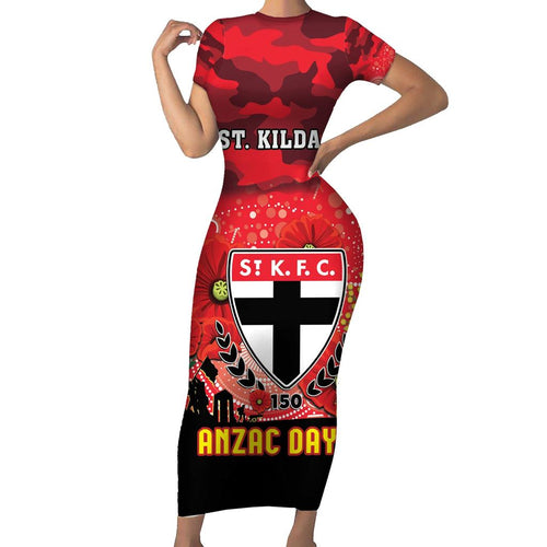 Custom St Kilda Football ANZAC Family Matching Short Sleeve Bodycon Dress and Hawaiian Shirt Gallipoli Camouflage With Poppies