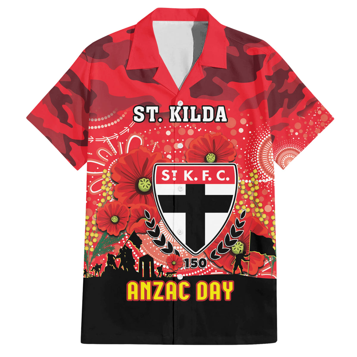 Custom St Kilda Football ANZAC Hawaiian Shirt Gallipoli Camouflage With Poppies