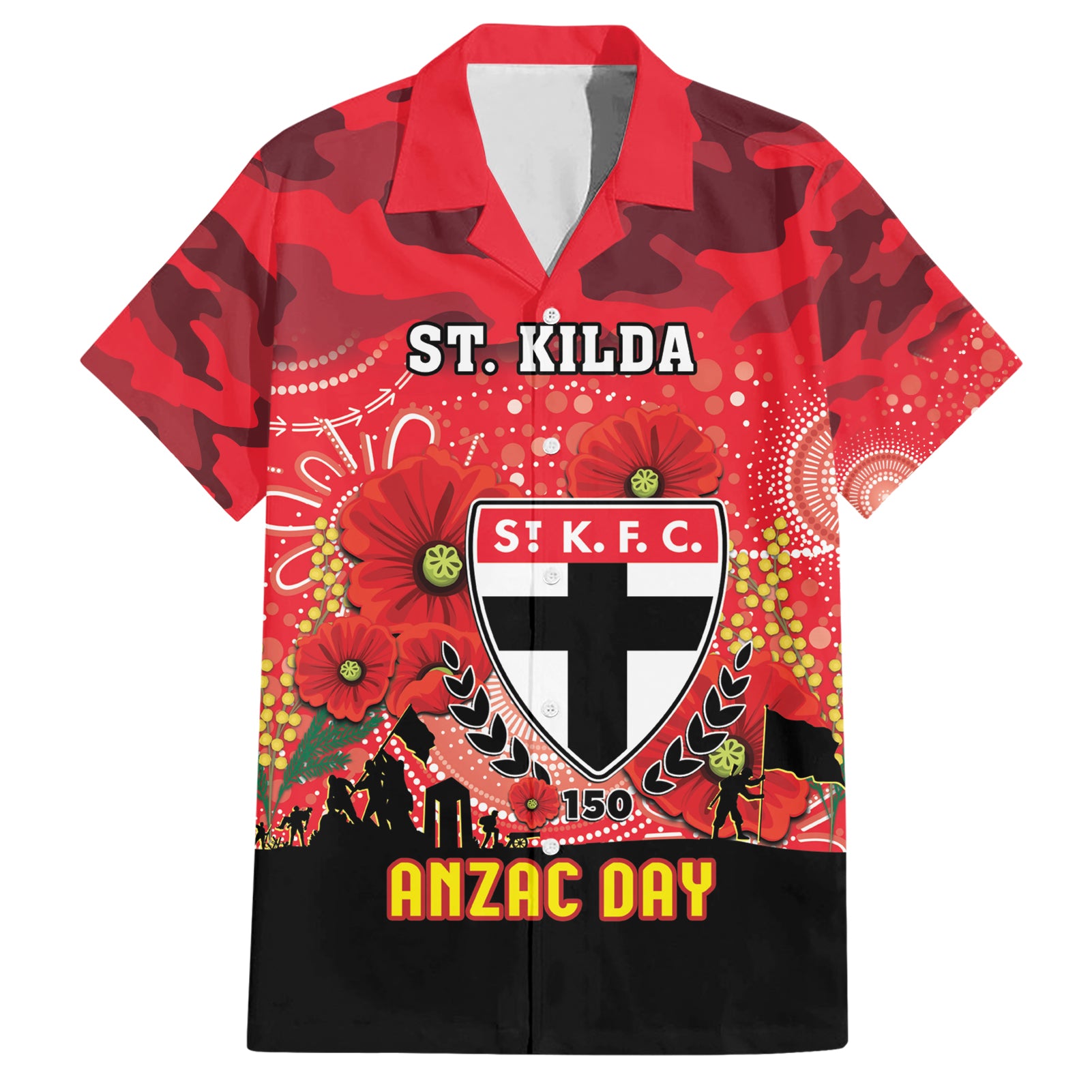 Custom St Kilda Football ANZAC Hawaiian Shirt Gallipoli Camouflage With Poppies