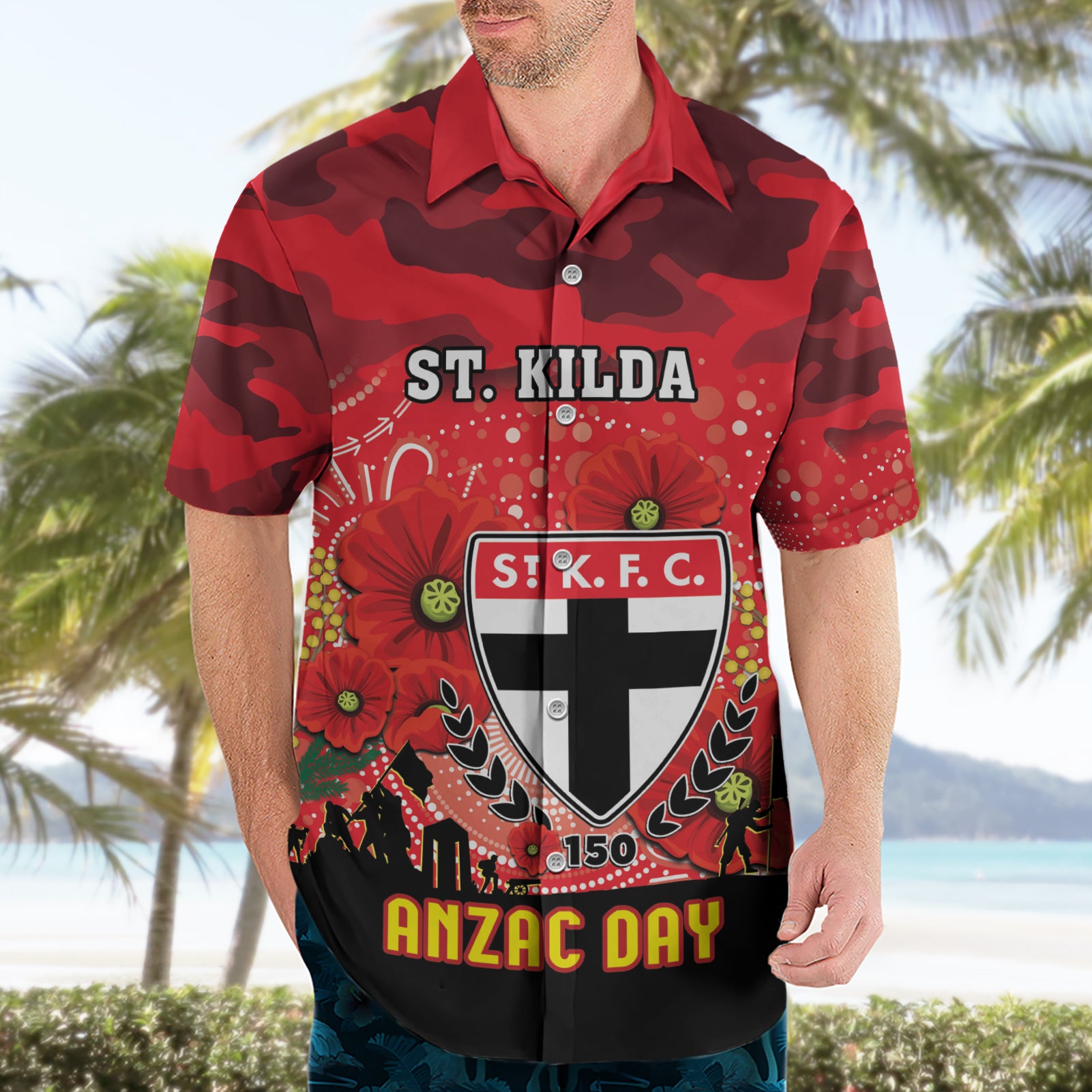Custom St Kilda Football ANZAC Hawaiian Shirt Gallipoli Camouflage With Poppies