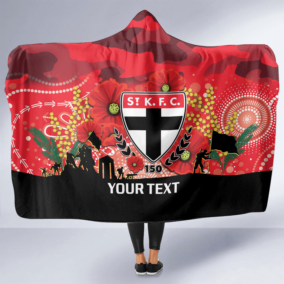 Custom St Kilda Football ANZAC Hooded Blanket Gallipoli Camouflage With Poppies
