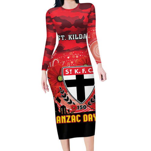 Custom St Kilda Football ANZAC Long Sleeve Bodycon Dress Gallipoli Camouflage With Poppies