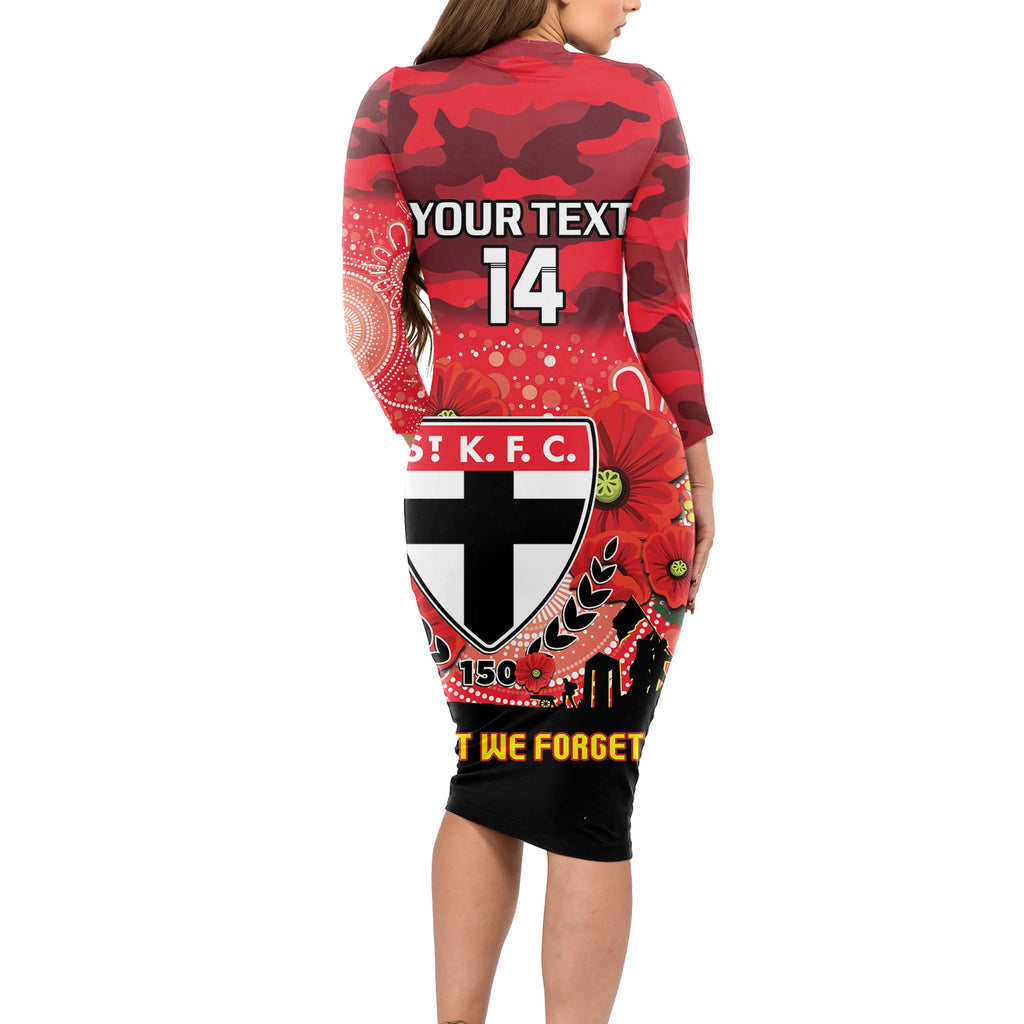 Custom St Kilda Football ANZAC Long Sleeve Bodycon Dress Gallipoli Camouflage With Poppies