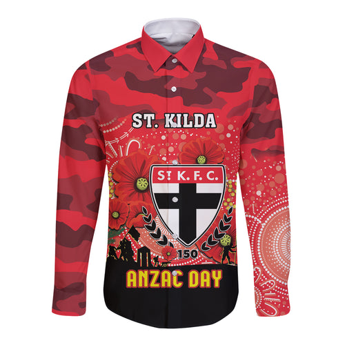 Custom St Kilda Football ANZAC Long Sleeve Button Shirt Gallipoli Camouflage With Poppies