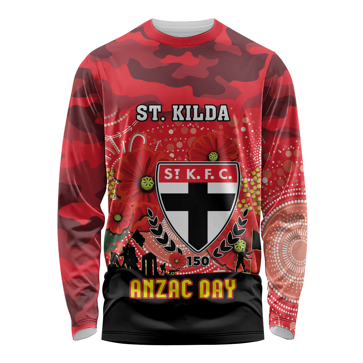 Custom St Kilda Football ANZAC Long Sleeve Shirt Gallipoli Camouflage With Poppies