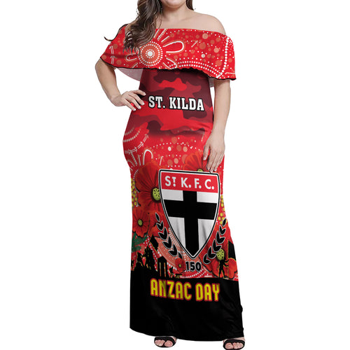 Custom St Kilda Football ANZAC Off Shoulder Maxi Dress Gallipoli Camouflage With Poppies