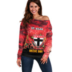 Custom St Kilda Football ANZAC Off Shoulder Sweater Gallipoli Camouflage With Poppies
