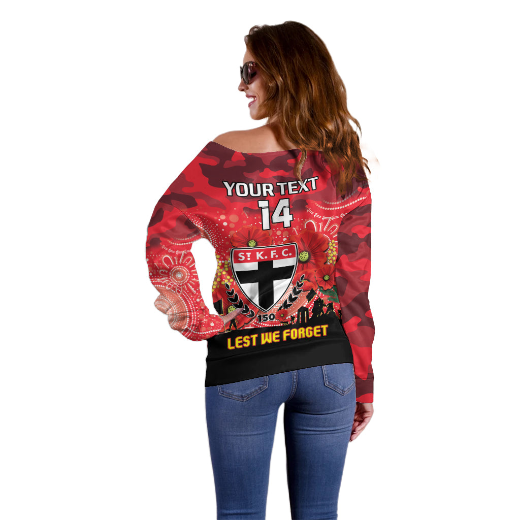 Custom St Kilda Football ANZAC Off Shoulder Sweater Gallipoli Camouflage With Poppies