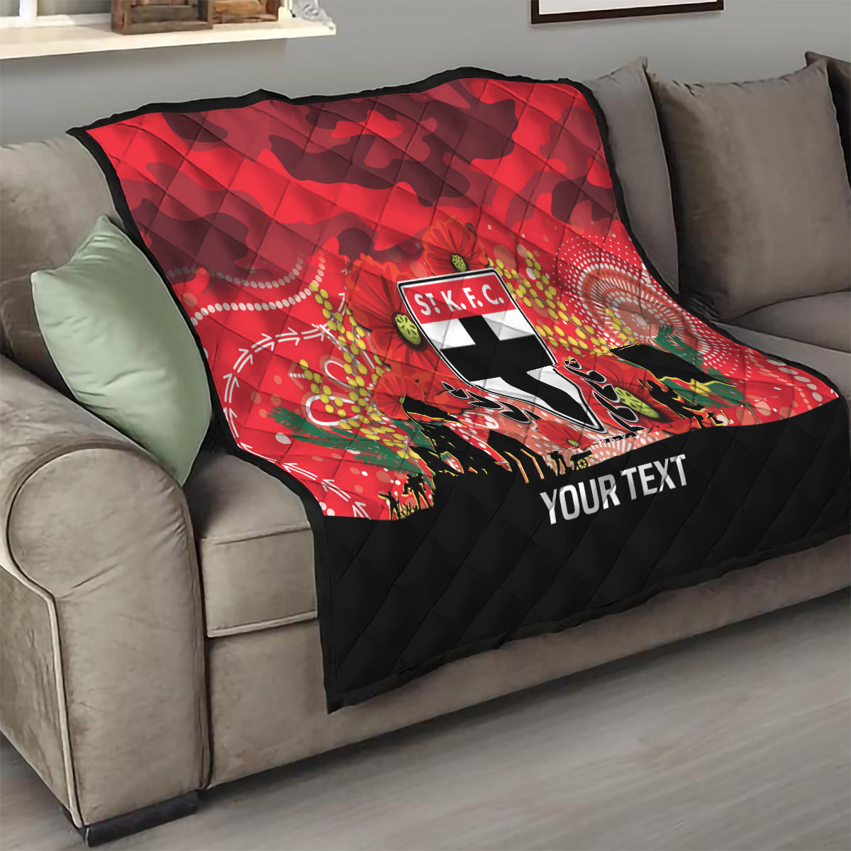 Custom St Kilda Football ANZAC Quilt Gallipoli Camouflage With Poppies