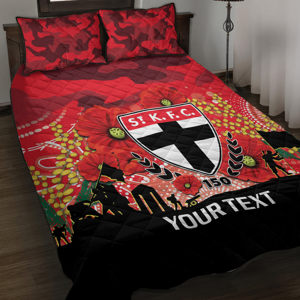 Custom St Kilda Football ANZAC Quilt Bed Set Gallipoli Camouflage With Poppies