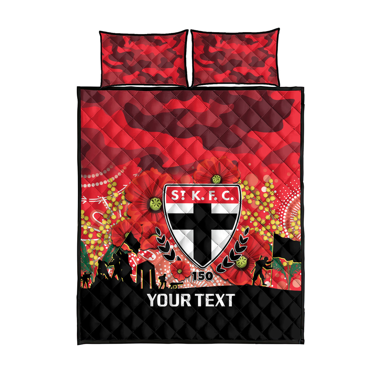 Custom St Kilda Football ANZAC Quilt Bed Set Gallipoli Camouflage With Poppies