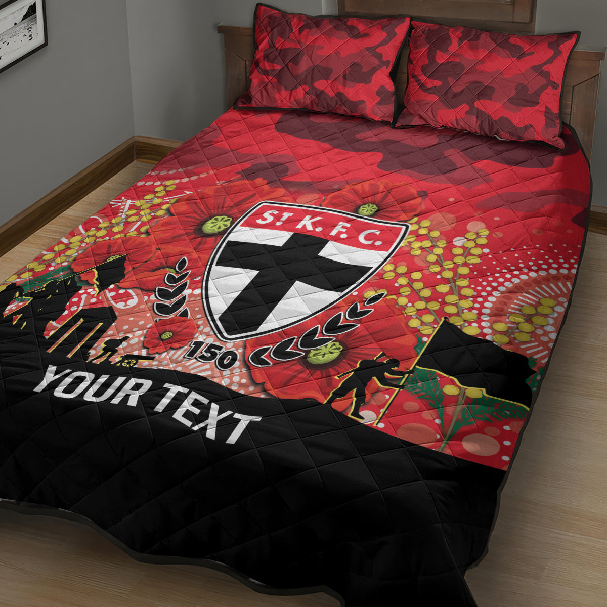 Custom St Kilda Football ANZAC Quilt Bed Set Gallipoli Camouflage With Poppies