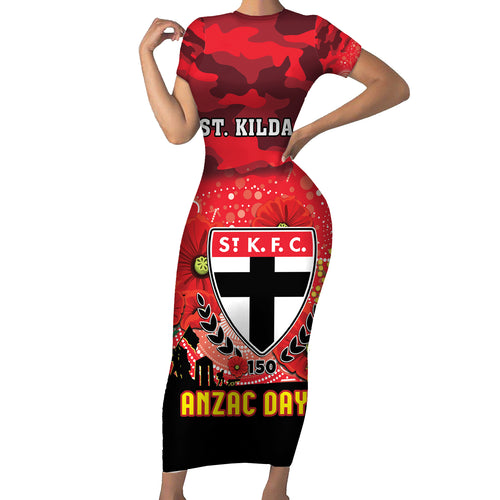 Custom St Kilda Football ANZAC Short Sleeve Bodycon Dress Gallipoli Camouflage With Poppies