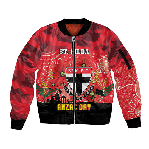Custom St Kilda Football ANZAC Sleeve Zip Bomber Jacket Gallipoli Camouflage With Poppies