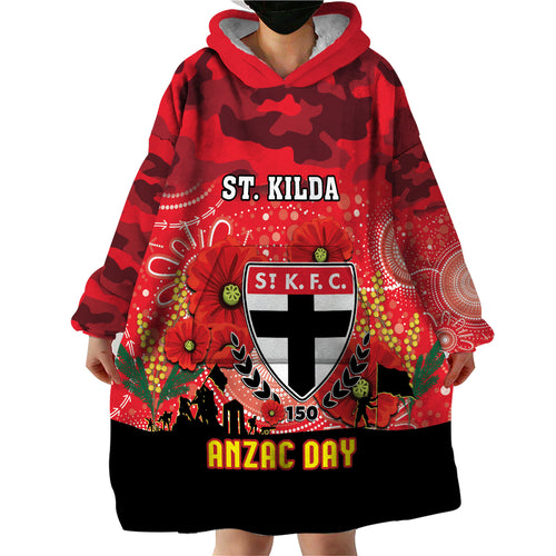 Custom St Kilda Football ANZAC Wearable Blanket Hoodie Gallipoli Camouflage With Poppies