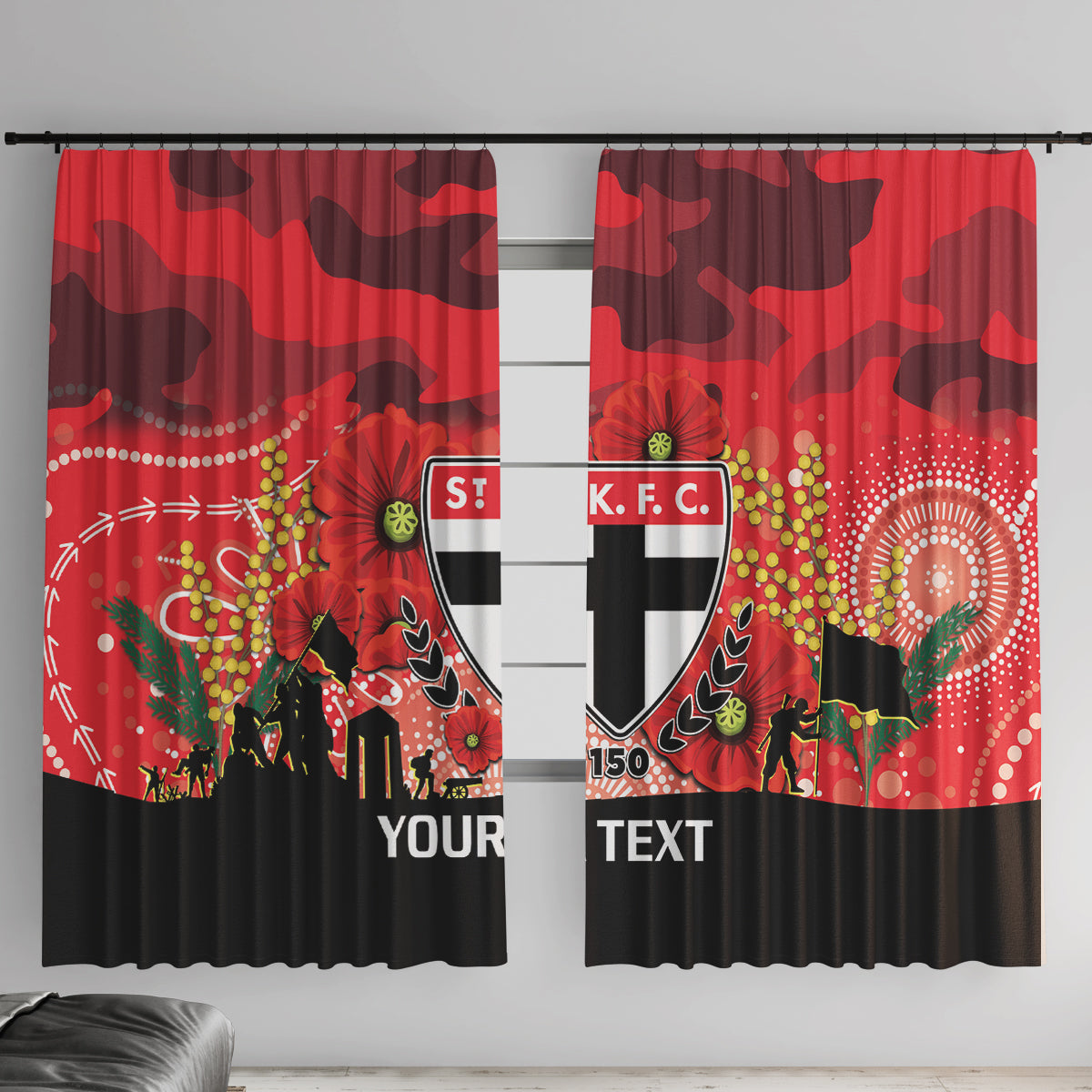 Custom St Kilda Football ANZAC Window Curtain Gallipoli Camouflage With Poppies