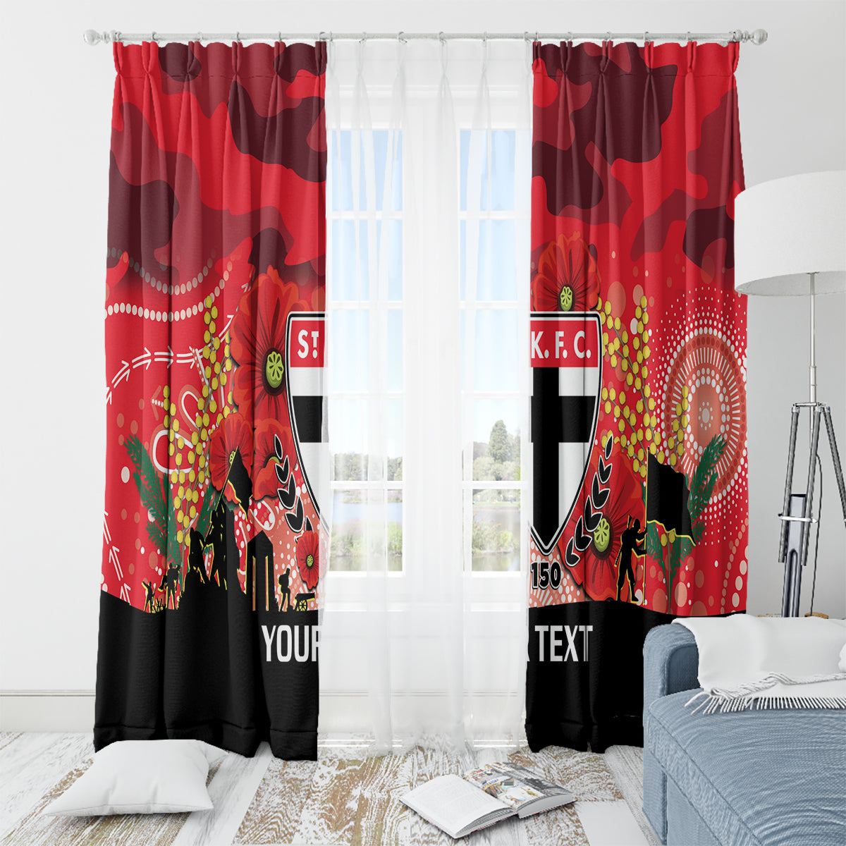 Custom St Kilda Football ANZAC Window Curtain Gallipoli Camouflage With Poppies
