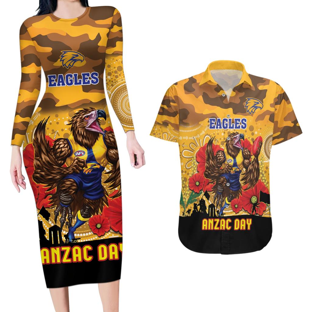 Custom Eagles Football ANZAC Couples Matching Long Sleeve Bodycon Dress and Hawaiian Shirt Gallipoli Camouflage With Poppies