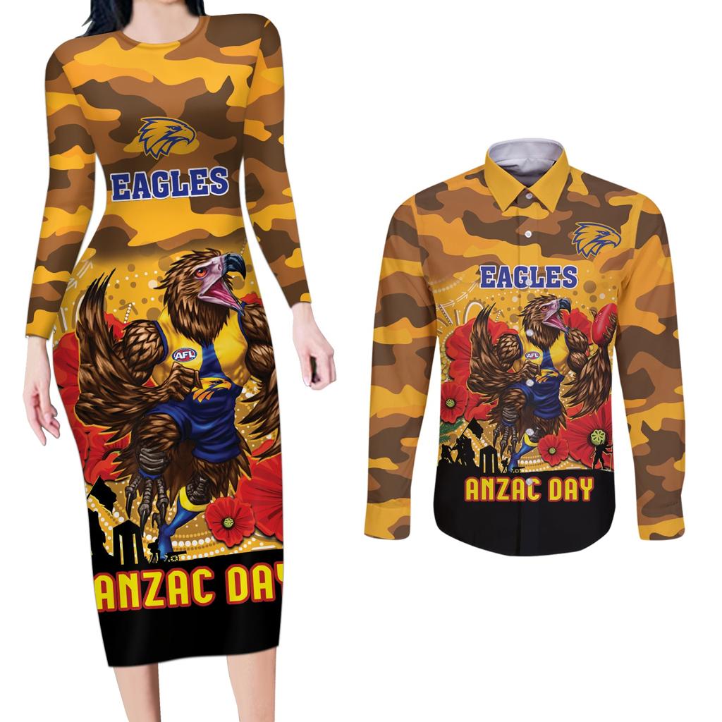 Custom Eagles Football ANZAC Couples Matching Long Sleeve Bodycon Dress and Long Sleeve Button Shirt Gallipoli Camouflage With Poppies