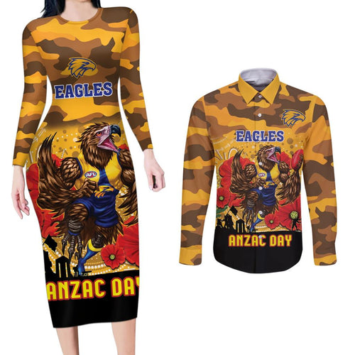 Custom Eagles Football ANZAC Couples Matching Long Sleeve Bodycon Dress and Long Sleeve Button Shirt Gallipoli Camouflage With Poppies