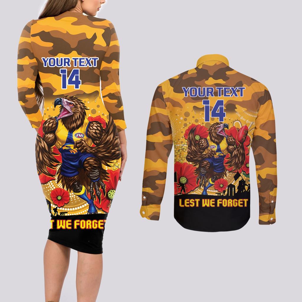Custom Eagles Football ANZAC Couples Matching Long Sleeve Bodycon Dress and Long Sleeve Button Shirt Gallipoli Camouflage With Poppies