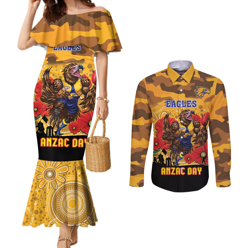 Custom Eagles Football ANZAC Couples Matching Mermaid Dress and Long Sleeve Button Shirt Gallipoli Camouflage With Poppies