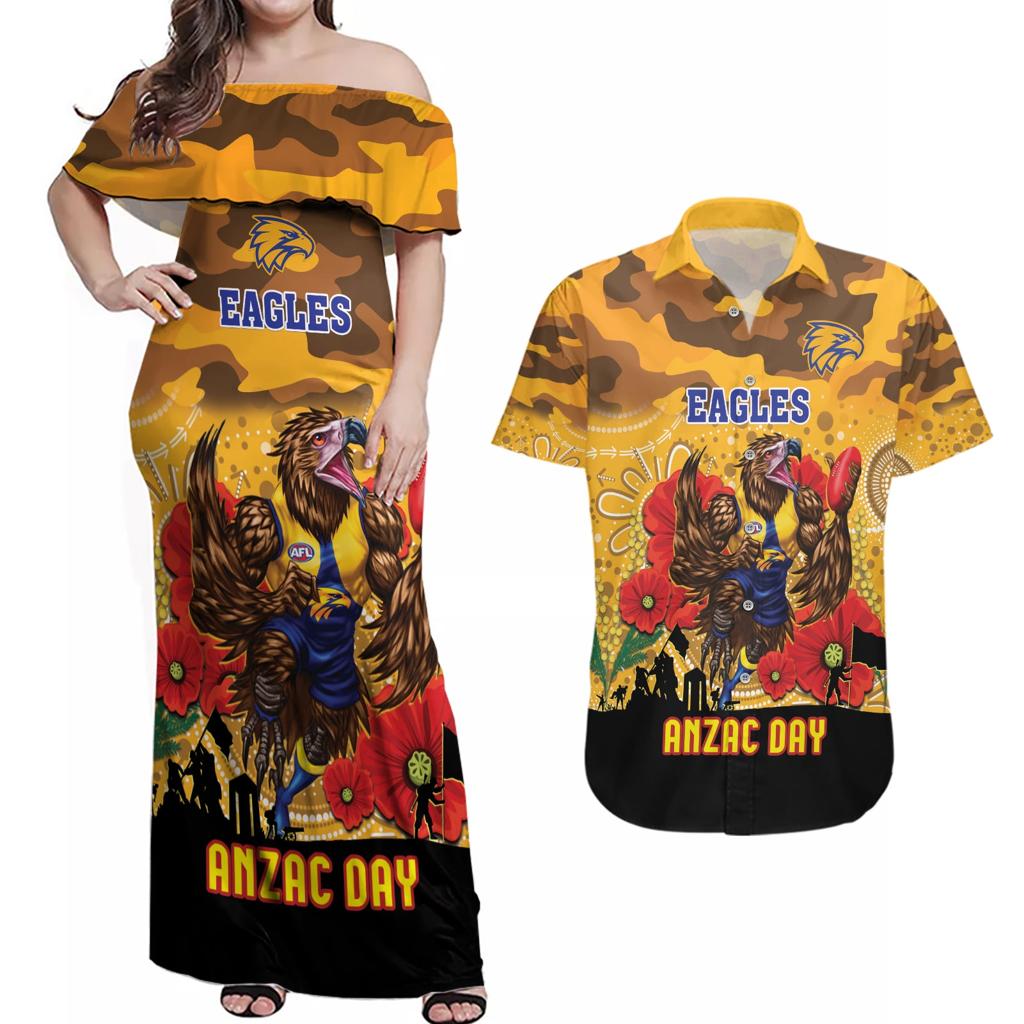 Custom Eagles Football ANZAC Couples Matching Off Shoulder Maxi Dress and Hawaiian Shirt Gallipoli Camouflage With Poppies