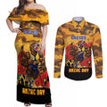 Custom Eagles Football ANZAC Couples Matching Off Shoulder Maxi Dress and Long Sleeve Button Shirt Gallipoli Camouflage With Poppies
