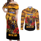 Custom Eagles Football ANZAC Couples Matching Off Shoulder Maxi Dress and Long Sleeve Button Shirt Gallipoli Camouflage With Poppies